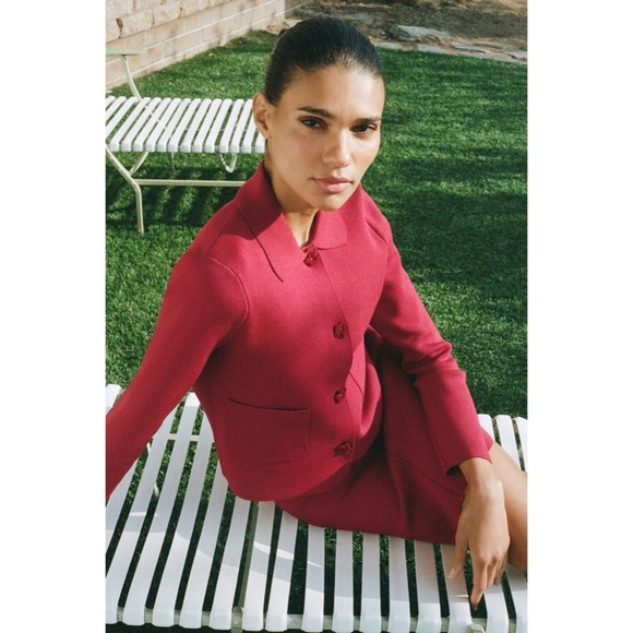 ZARA Floral Button Knit Jacket Blazer Solid Red Knitwear Pockets Knitwear Large - Picture 5 of 16